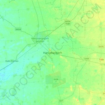 Mapa topográfico Hanumangarh, altitud, relieve