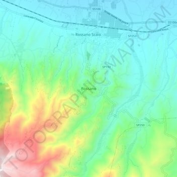 Mapa topográfico Rossano, altitud, relieve