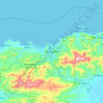 Mapa topográfico Carúpano, altitud, relieve