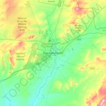 Mapa topográfico Potchefstroom, altitud, relieve