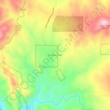 Mapa topográfico Ponderosa Park, altitud, relieve