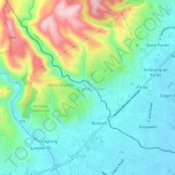 Mapa topográfico Candulawan, altitud, relieve