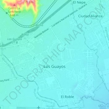 Mapa topográfico Los Guayos, altitud, relieve