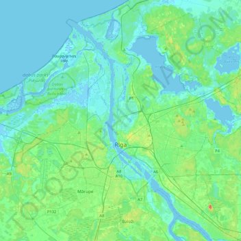 Mapa topográfico Riga, altitud, relieve