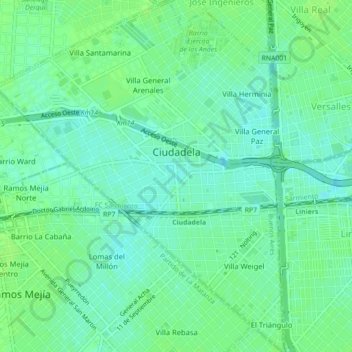 Mapa topográfico Ciudadela, altitud, relieve