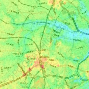 Mapa topográfico Shinjuku, altitud, relieve