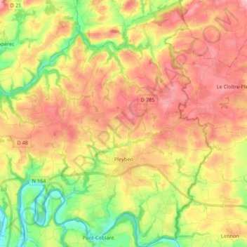 Mapa topográfico Pleyben, altitud, relieve