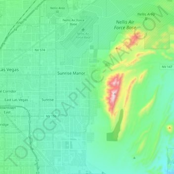Mapa topográfico Sunrise Manor, altitud, relieve