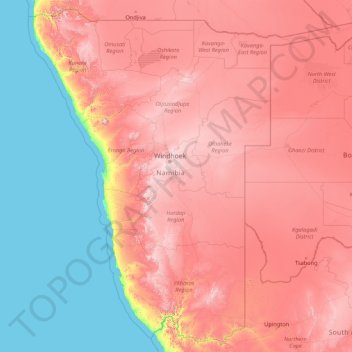 Mapa topográfico Namibia, altitud, relieve