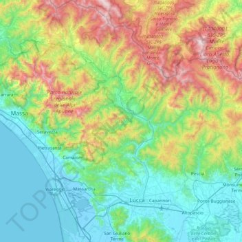 Mapa topográfico Lucca, altitud, relieve