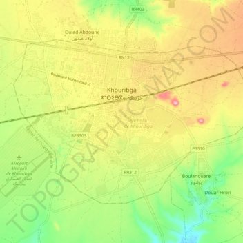 Mapa topográfico Juribga, altitud, relieve