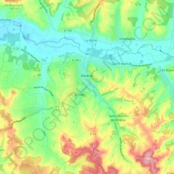 Mapa topográfico Ribérac, altitud, relieve