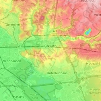 Mapa topográfico Erkrath, altitud, relieve