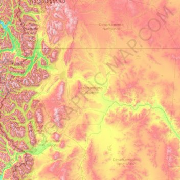 Mapa topográfico Departamento Cushamen, altitud, relieve
