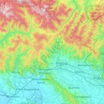 Mapa topográfico Pistoia, altitud, relieve