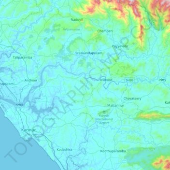Mapa topográfico Valapattanam, altitud, relieve