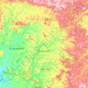 Mapa topográfico Guaxupé, altitud, relieve