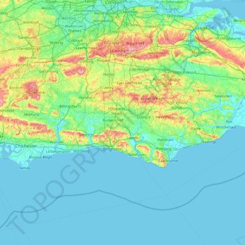 Mapa topográfico Sussex, altitud, relieve