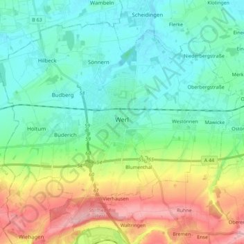 Mapa topográfico Werl, altitud, relieve