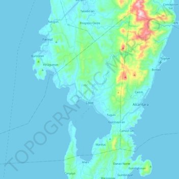 Mapa topográfico Looc, altitud, relieve