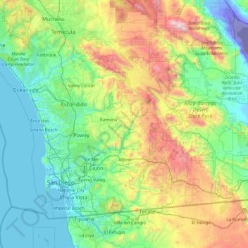 Mapa topográfico San Diego County, altitud, relieve