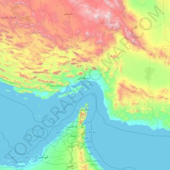 Mapa topográfico Hormozgan, altitud, relieve