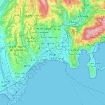 Mapa topográfico Niza, altitud, relieve