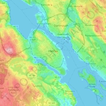 Mapa topográfico Halifax, altitud, relieve