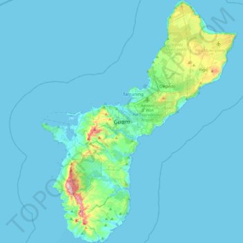 Mapa topográfico Guam, altitud, relieve