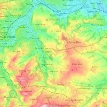 Mapa topográfico Kirkburton, altitud, relieve