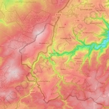Mapa topográfico Monschau, altitud, relieve