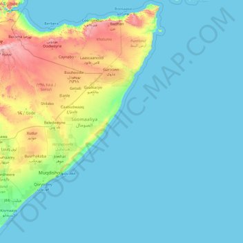 Mapa topográfico Somalia, altitud, relieve