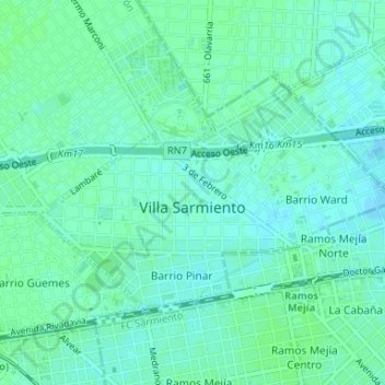 Mapa topográfico Villa Sarmiento, altitud, relieve