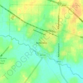 Mapa topográfico Arrecifes, altitud, relieve