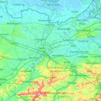 Mapa topográfico Provincia de Flandes Oriental, altitud, relieve