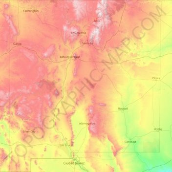 Mapa topográfico Nuevo México, altitud, relieve