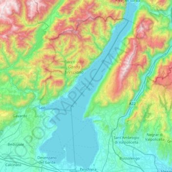 Mapa topográfico Lago de Garda, altitud, relieve