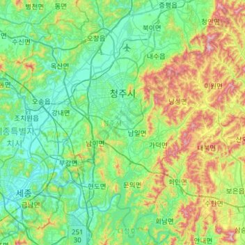 Mapa topográfico Cheongju, altitud, relieve