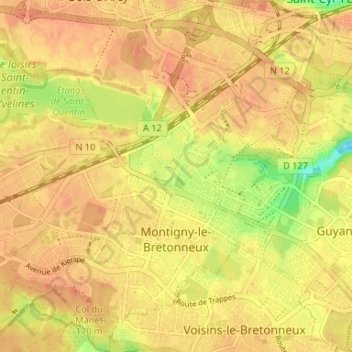 Mapa topográfico Montigny-le-Bretonneux, altitud, relieve