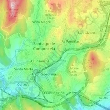 Mapa topográfico Santiago de Compostela, altitud, relieve