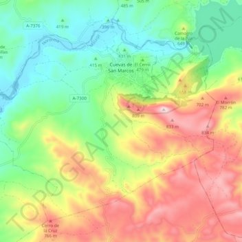 Mapa topográfico Cuevas de San Marcos, altitud, relieve