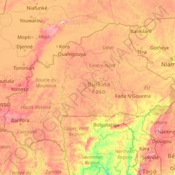 Mapa topográfico Burkina Faso, altitud, relieve