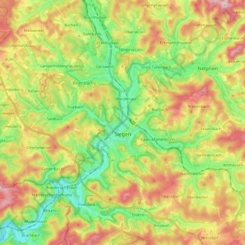 Mapa topográfico Siegen, altitud, relieve