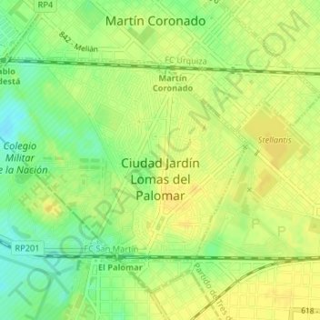 Mapa topográfico Ciudad Jardín Lomas del Palomar, altitud, relieve