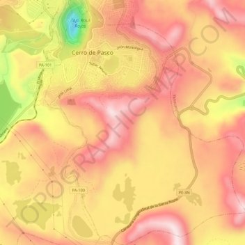 Mapa topográfico Chaupimarca, altitud, relieve