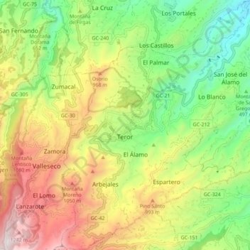 Mapa topográfico Teror, altitud, relieve