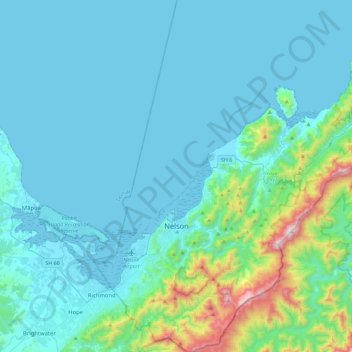 Mapa topográfico Nelson City, altitud, relieve