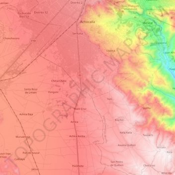 Mapa topográfico Achocalla, altitud, relieve
