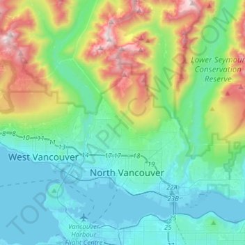 Mapa topográfico District of North Vancouver, altitud, relieve