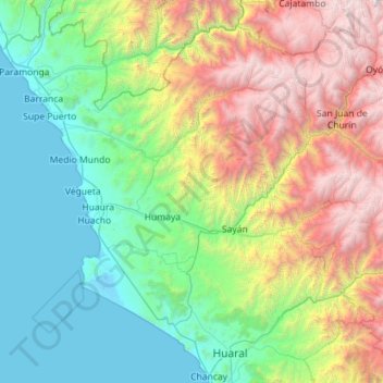 Mapa topográfico Huaura, altitud, relieve